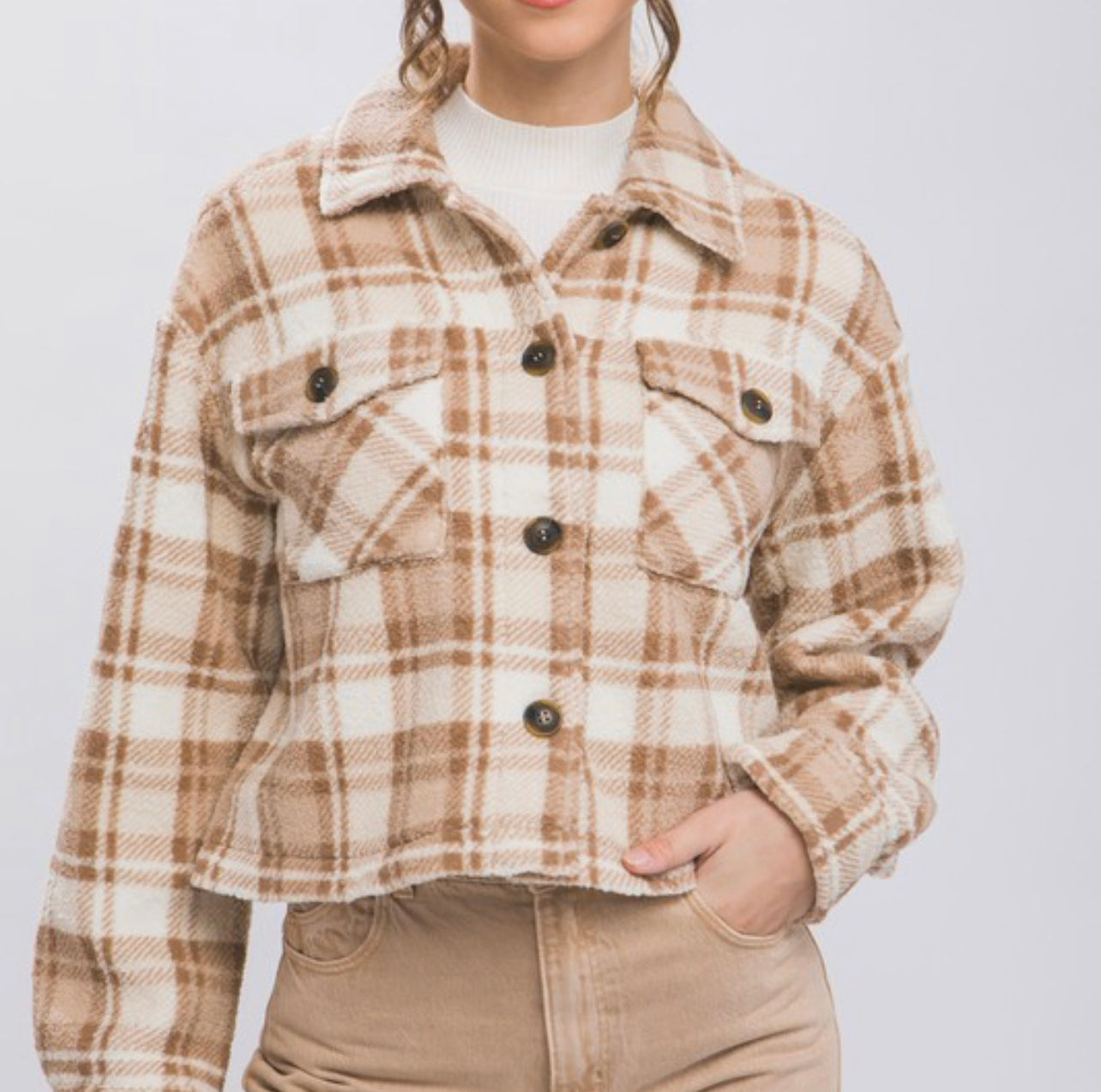 Cropped Flannel With Front Pockets